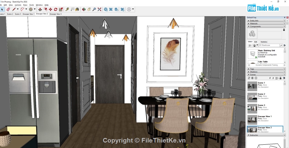 Sketchup nội thất khách bếp,sketchup tủ bếp,sketchup bàn ăn,File sketchup tủ bếp,model sketchup phòng khách