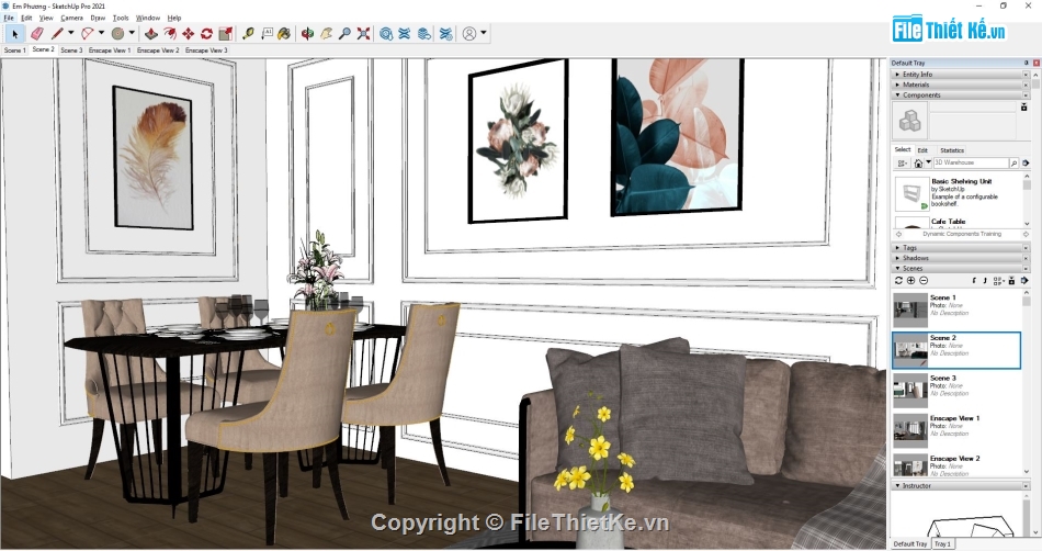 Sketchup nội thất khách bếp,sketchup tủ bếp,sketchup bàn ăn,File sketchup tủ bếp,model sketchup phòng khách