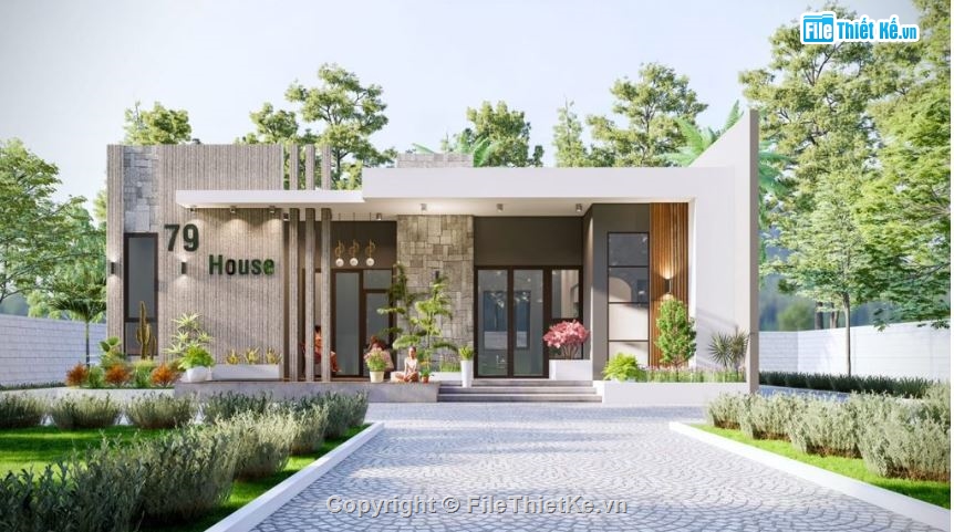 biệt thự 1 tầng,sketchup biệt thự 1 tầng,biệt thự hiện đại,biệt thự 1 tầng đẹp 15.3x7.9m