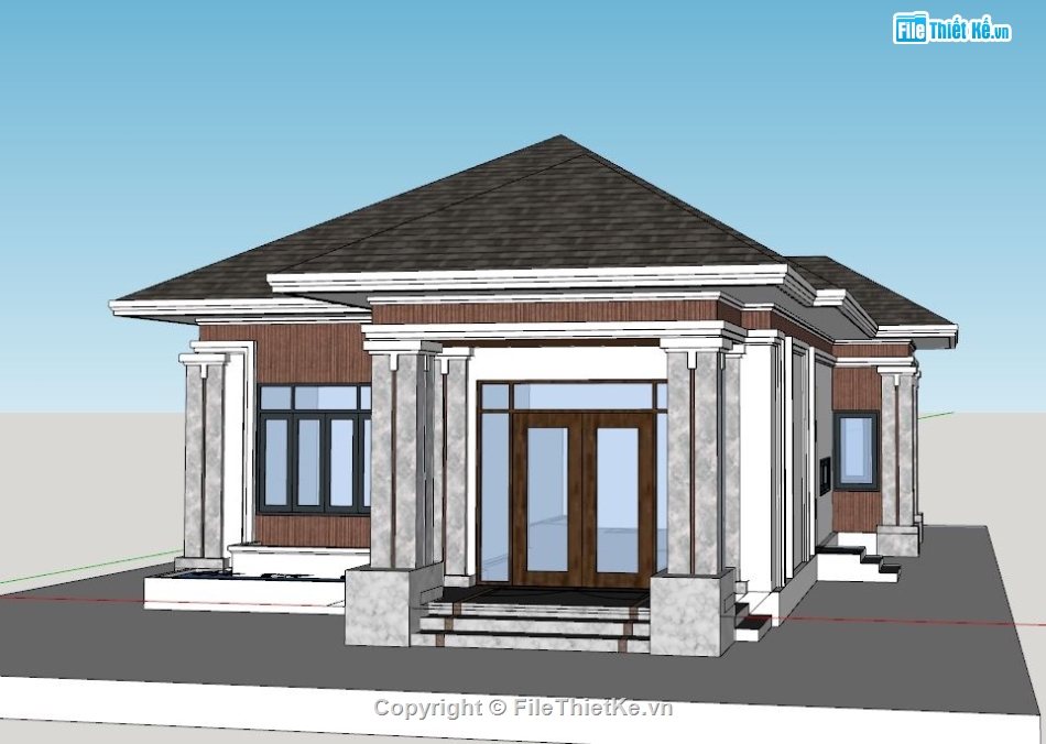 File sketchup biệt thự 1 tầng,Model sketchup biệt thự 1 tầng,Bản vẽ sketchup biệt thự 1 tầng,Mode su  biệt thự 1 tầng,Biệt thự 1 tầng 12x17m,Model su biệt thự 1 tầng