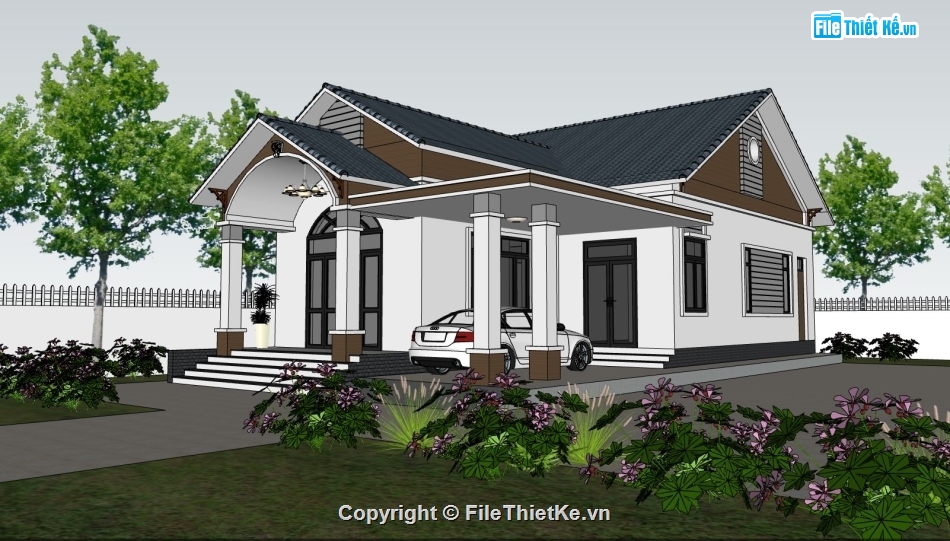 biệt thự 1 tầng,biệt thự mái thái,mái thái 1 tầng,mẫu biệt thự sketchup,mẫu biệt thự mái thái