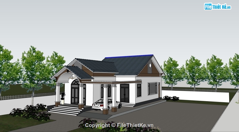 biệt thự 1 tầng,biệt thự mái thái,mái thái 1 tầng,mẫu biệt thự sketchup,mẫu biệt thự mái thái