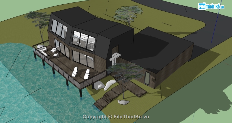 thiết kế biệt thự file su,biệt thự 2 tầng dựng sketchup,3d su biệt thự ven sông