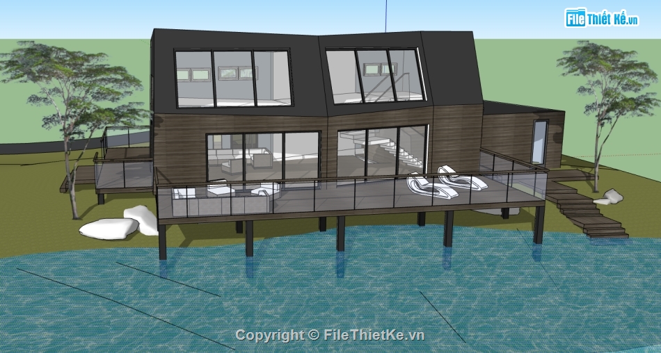 thiết kế biệt thự file su,biệt thự 2 tầng dựng sketchup,3d su biệt thự ven sông