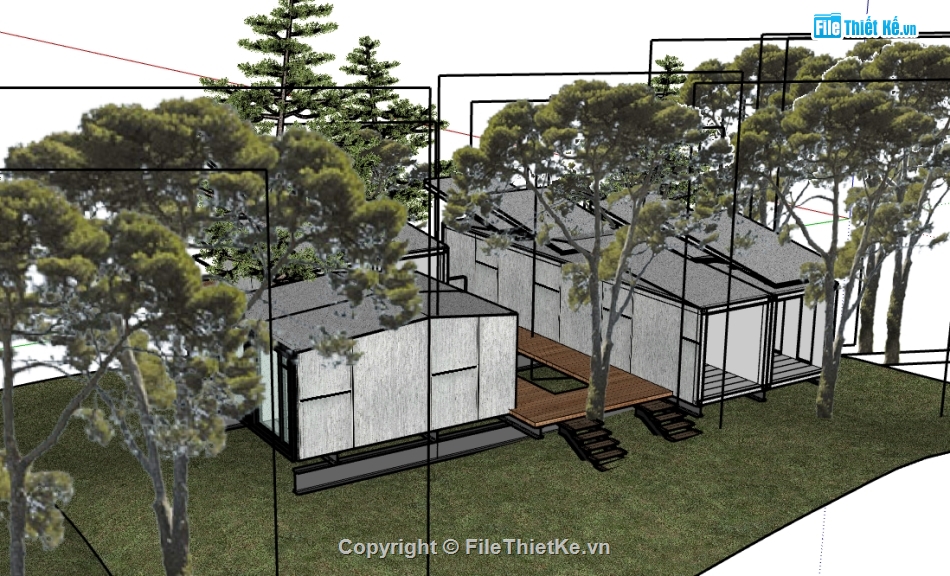 dựng homestay 1 tầng file su,dựng 3d su mẫu homestay,dựng model sketchup nhà homestay