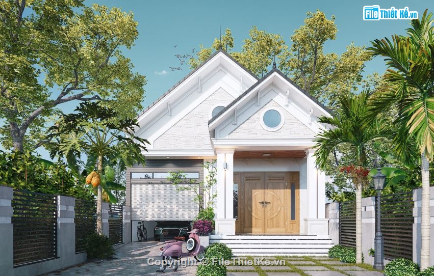 mái thái 1 tầng,sketchup nhà 1 tầng,mẫu nhà mái thái,nhà 1 tầng kích thước 9x21m
