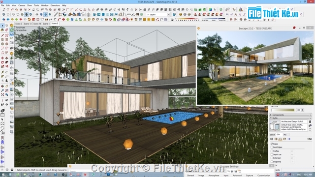 sketchup nhà vườn,File sketchup nhà gác,mẫu sân vườn đẹp,nhà vườn