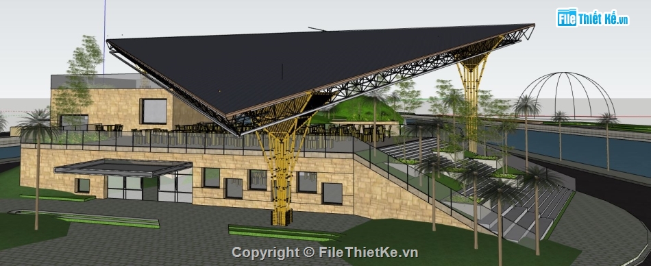 sketchup nhà hàng,nhà hàng 27x30m,nhà hàng trên hồ