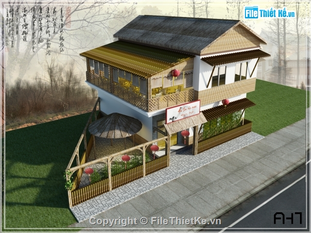 nhà hàng,nội thất nhà hàng đẹp,model sketchup nhà hàng tre,nhà hàng phong cách cổ trang,nội thất nhà hàng tre