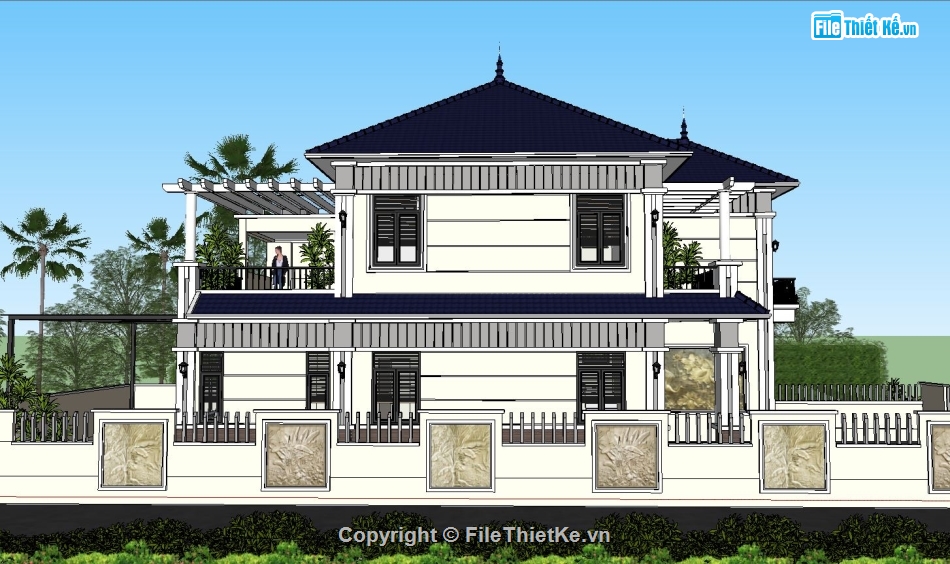 Sketchup ngoại thất,Sketchup ngoại cảnh biệt thự,ngoại cảnh biệt thự,file sketchup biệt thự 2 tầng,sketchup biệt thự 2 tầng