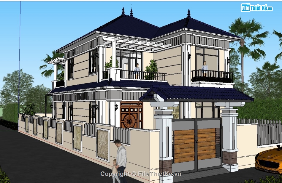 Sketchup ngoại thất,Sketchup ngoại cảnh biệt thự,ngoại cảnh biệt thự,file sketchup biệt thự 2 tầng,sketchup biệt thự 2 tầng