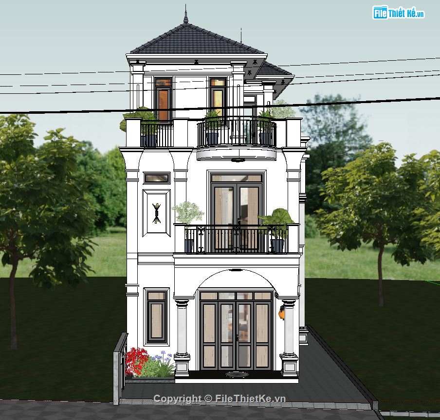 ngoại cảnh biệt thự sketchup,sketchup biệt thự,Sketchup biệt thự 3 tầng,Model su biệt thự 3 tầng