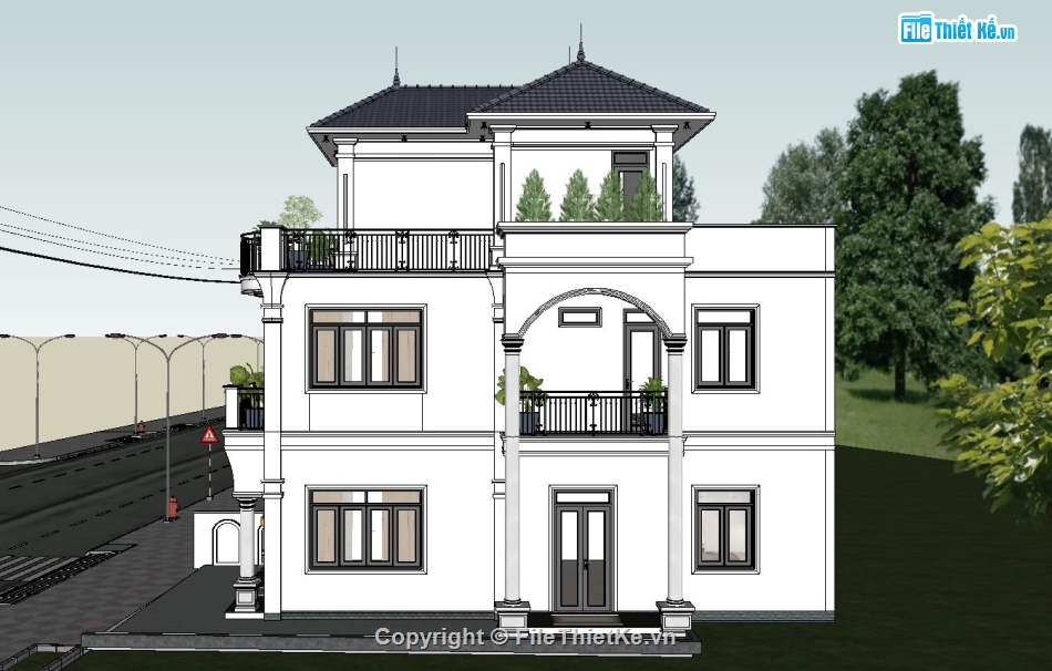 ngoại cảnh biệt thự sketchup,sketchup biệt thự,Sketchup biệt thự 3 tầng,Model su biệt thự 3 tầng