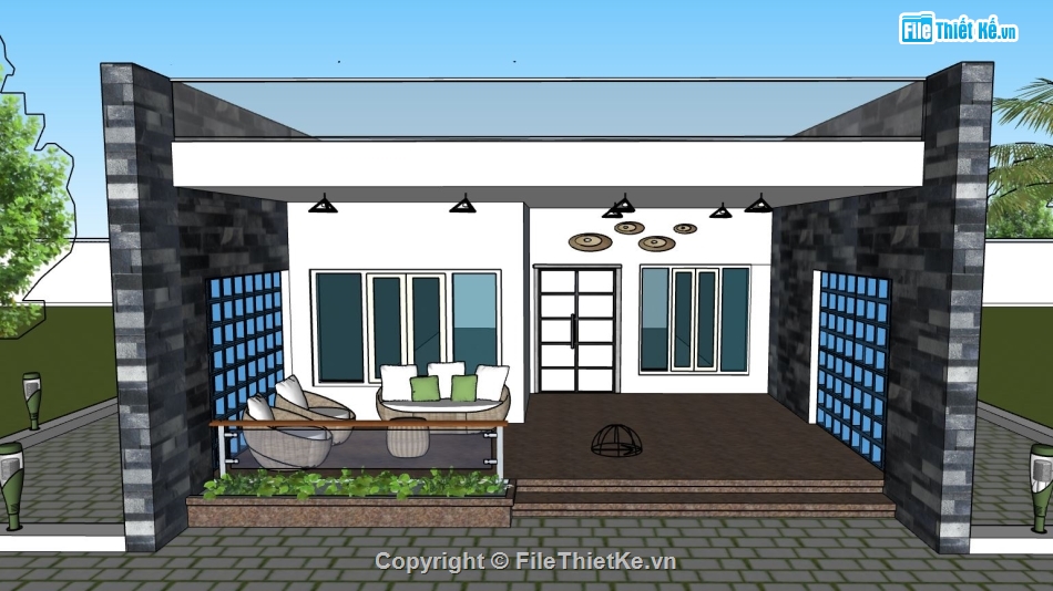 nhà 1 tầng mái bằng,sketchup nhà 1 tầng,phối cảnh nhà 1 tầng,mẫu su nhà 1 tầng