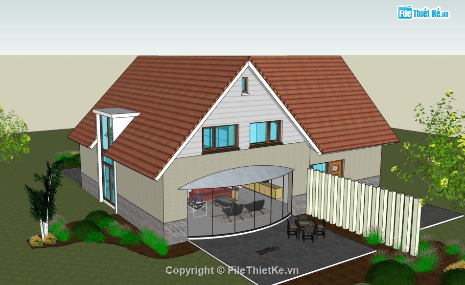 sketchup nhà nông thôn,thiết kế nhà 2 tầng,mẫu phố 2 tầng