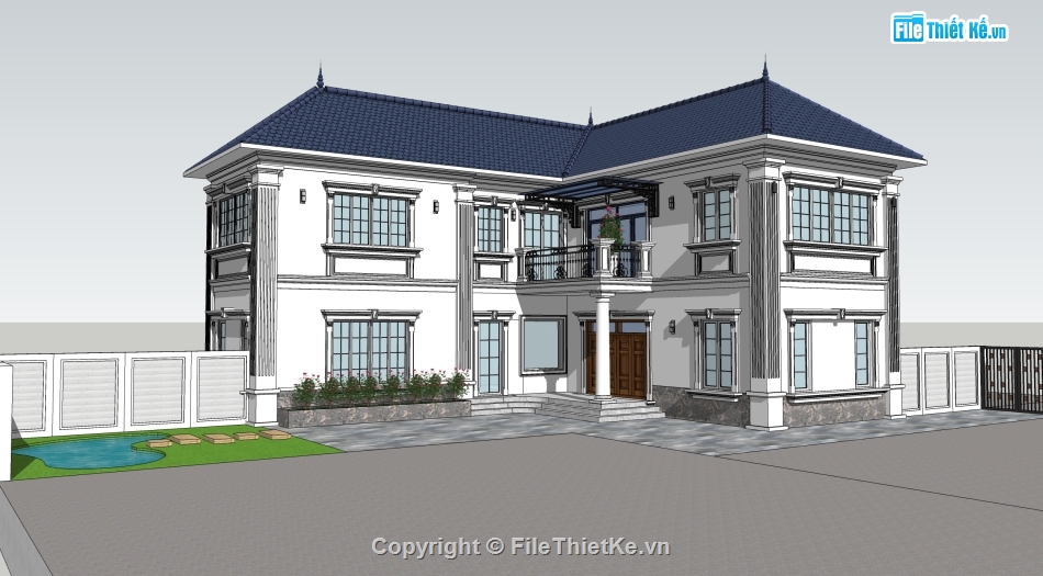 Sketchup,2 tầng,Sketchup nhà 2 tầng,nhà mái thái chữ l