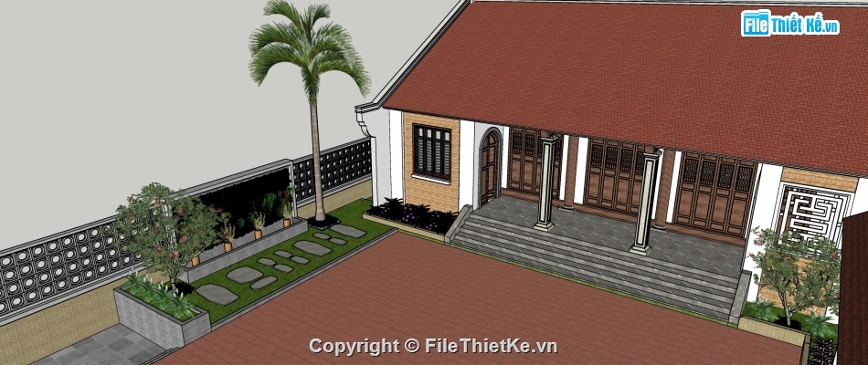 File sketchup nhà 5 gian,Bản vẽ nhà thờ họ 5 gian,Mẫu nhà thờ họ 5 gian,Mẫu nhà 5 gian chữ U,Thiết kế nhà 5 gian hiện đại