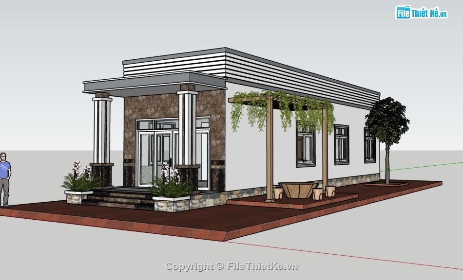 nhà phố sketchup,model sketchup nhà phố 1 tầng,file sketchup nhà phố 1 tầng