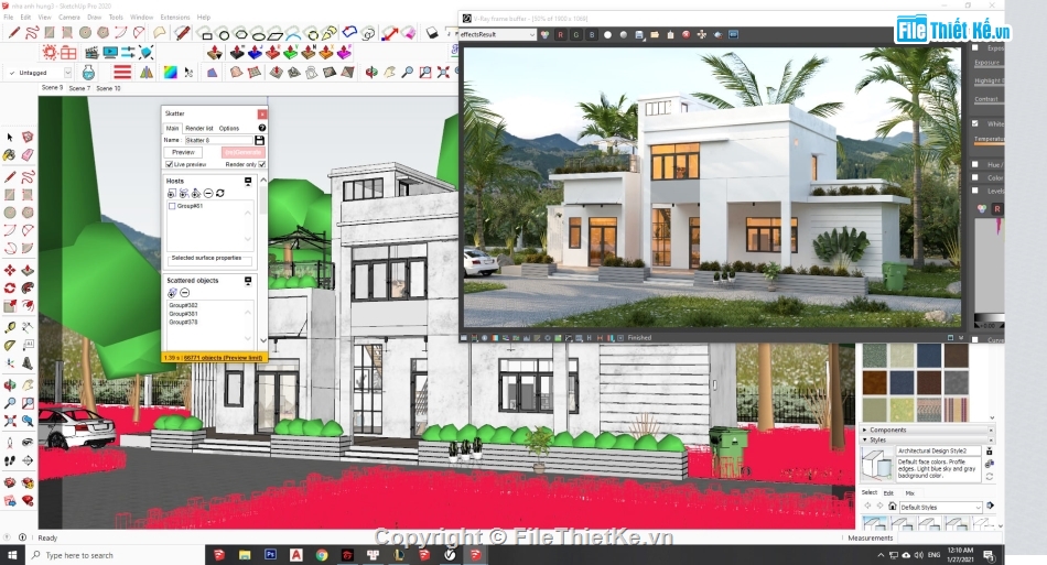 nhà 2 tầng phối cảnh,phối cảnh nhà 2 tầng,sketchup phối cảnh,nhà phố sketchup,phối cảnh nhà phố