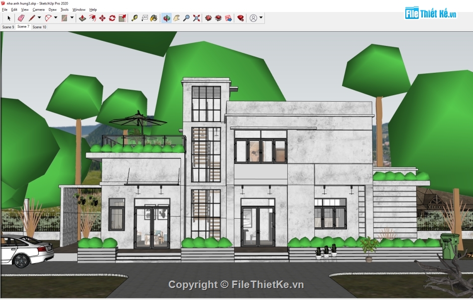 nhà 2 tầng phối cảnh,phối cảnh nhà 2 tầng,sketchup phối cảnh,nhà phố sketchup,phối cảnh nhà phố