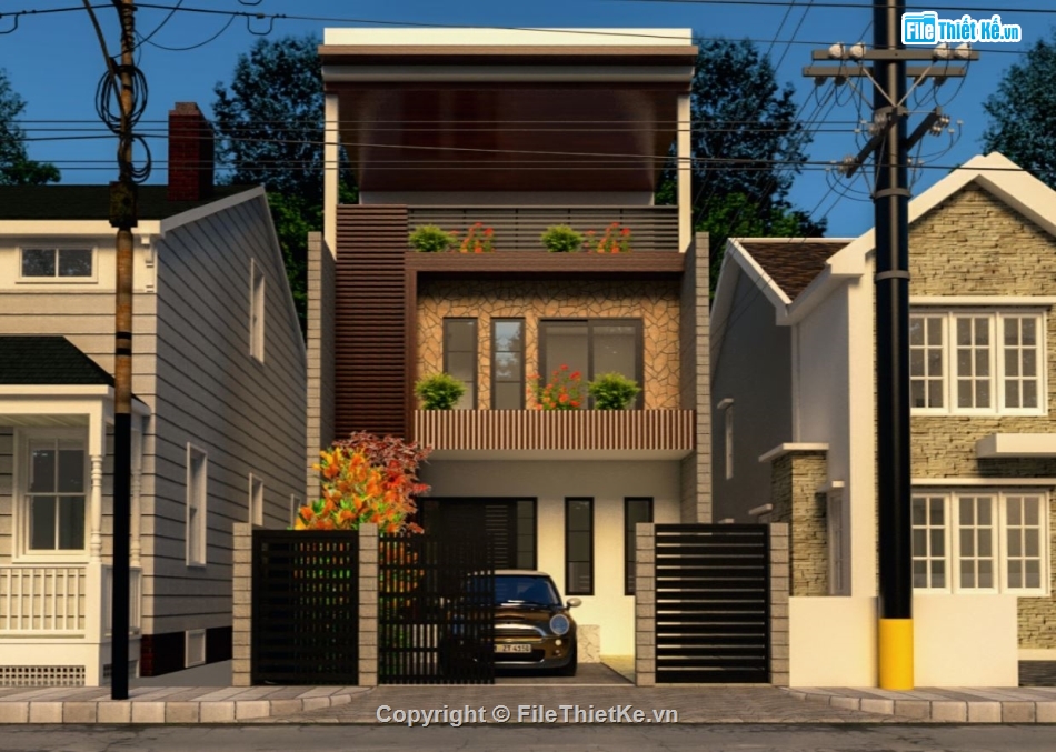 nhà phố 3 tầng,file sketchup nhà phố,mẫu nhà phố hiện đại