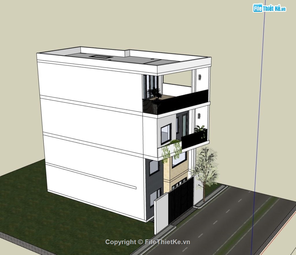 nhà phố 3 tầng,sketchup nhà phố 3 tầng,phối cảnh nhà phố 3 tầng,mẫu nhà phố hiện đại