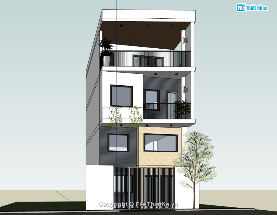 nhà phố 3 tầng,sketchup nhà phố 3 tầng,phối cảnh nhà phố 3 tầng,mẫu nhà phố hiện đại