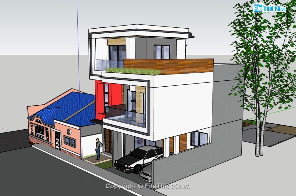 nhà phố 3 tầng,file sketchup nhà phố 3 tầng,sketchup nhà phố 3 tầng,phối cảnh nhà phố 3 tầng