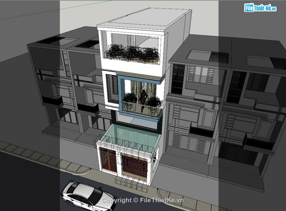 File sketchup nhà phố 3 tầng có gác lửng,Model sketchup nhà phố 3 tầng,Phối cảnh nhà phố 3 tầng