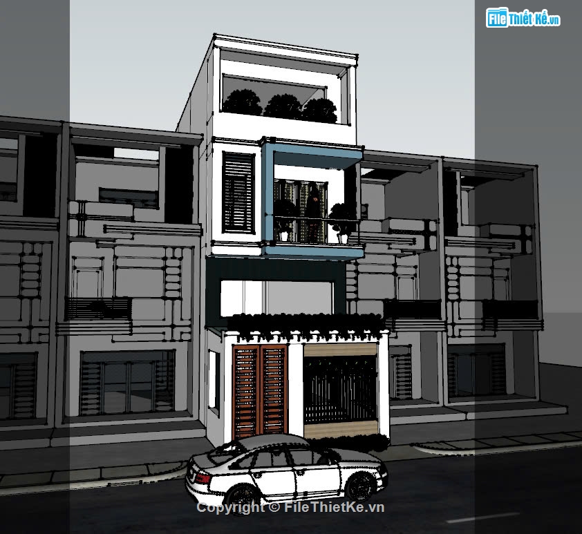 File sketchup nhà phố 3 tầng có gác lửng,Model sketchup nhà phố 3 tầng,Phối cảnh nhà phố 3 tầng