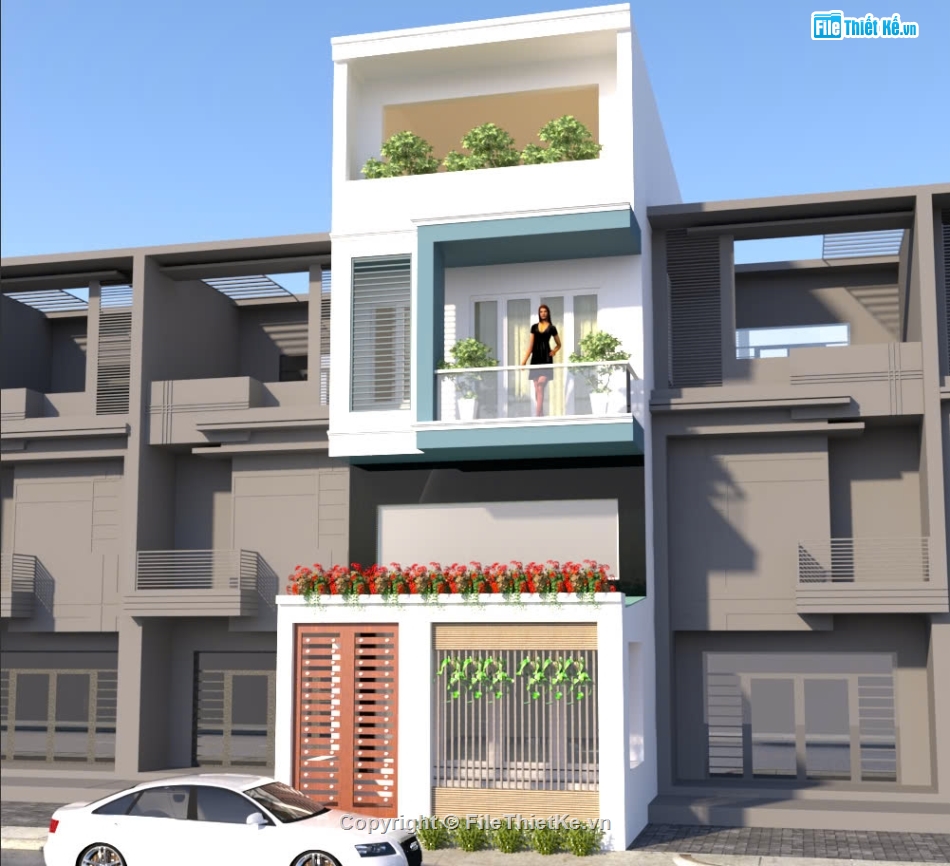 File sketchup nhà phố 3 tầng có gác lửng,Model sketchup nhà phố 3 tầng,Phối cảnh nhà phố 3 tầng