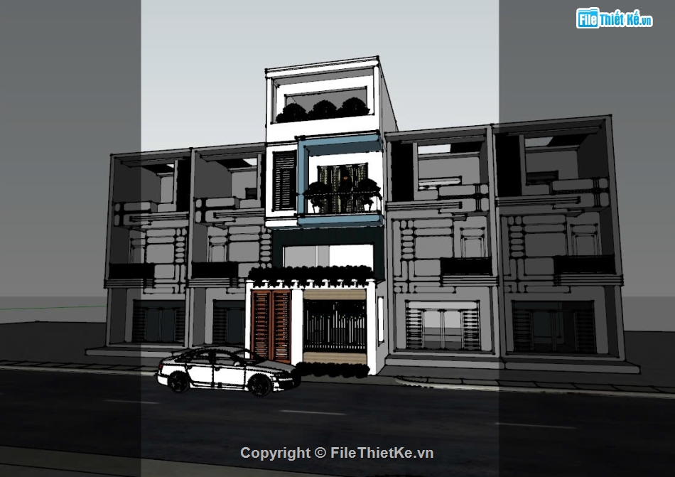 File sketchup nhà phố 3 tầng có gác lửng,Model sketchup nhà phố 3 tầng,Phối cảnh nhà phố 3 tầng