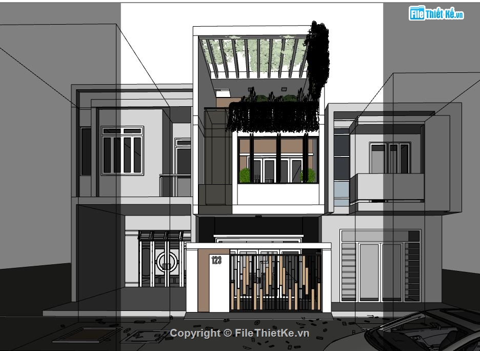 Sketchup,Nhà phố 2 tầng,Nhà phố hiện đại,Nhà phố 3 tầng,Su 3 tầng