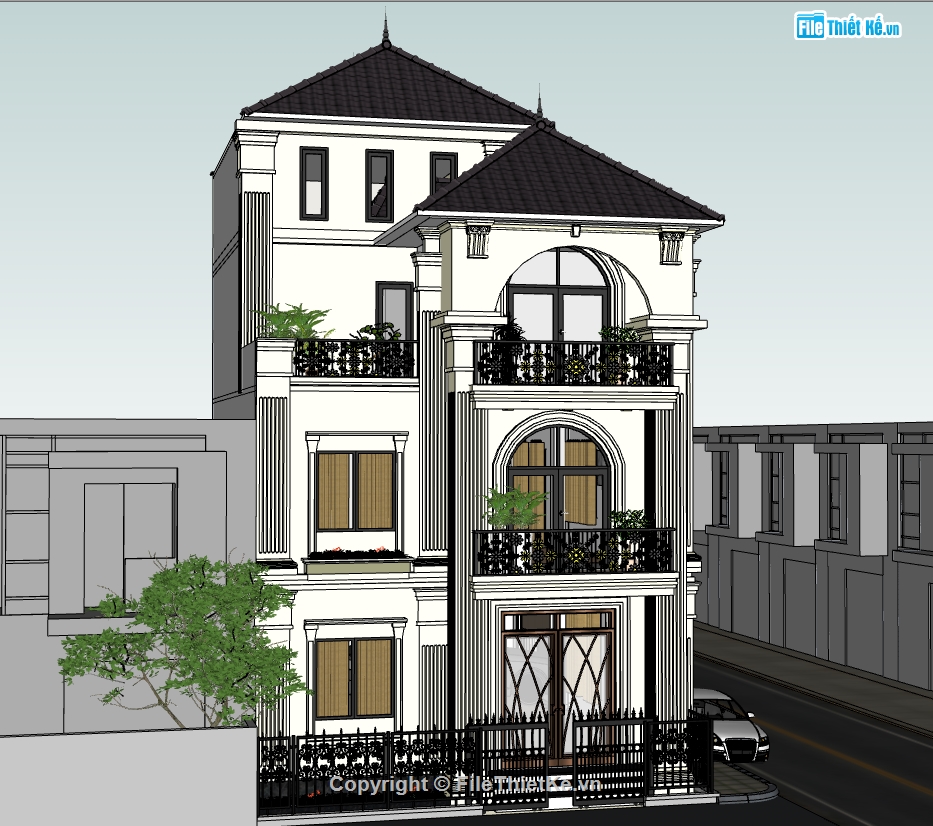 nhà phố 3 tầng,Sketchup nhà 3 tầng,nhà phố cổ điển,Sketchup nhà phố