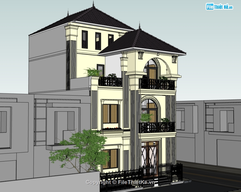 nhà phố 3 tầng,Sketchup nhà 3 tầng,nhà phố cổ điển,Sketchup nhà phố