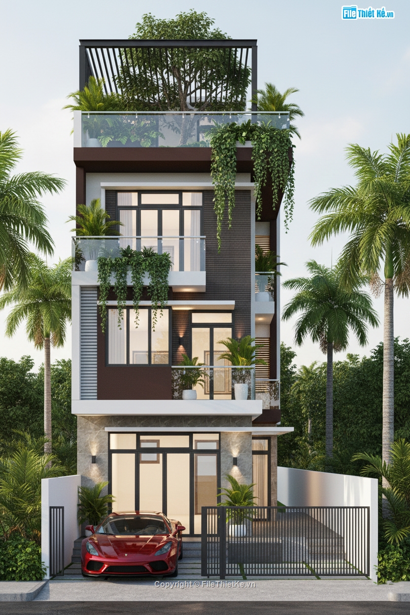 Sketchup,nhà 3 mặt tiền,nhà phố 2 mặt tiền,nhà 4 tầng