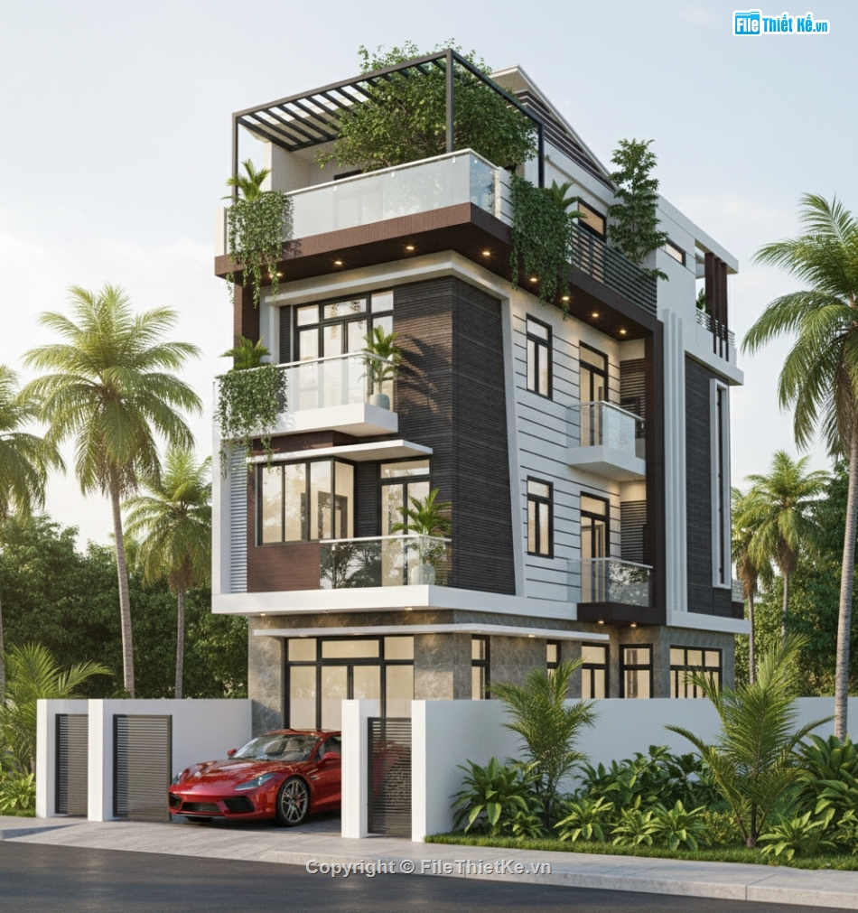 Sketchup,nhà 3 mặt tiền,nhà phố 2 mặt tiền,nhà 4 tầng