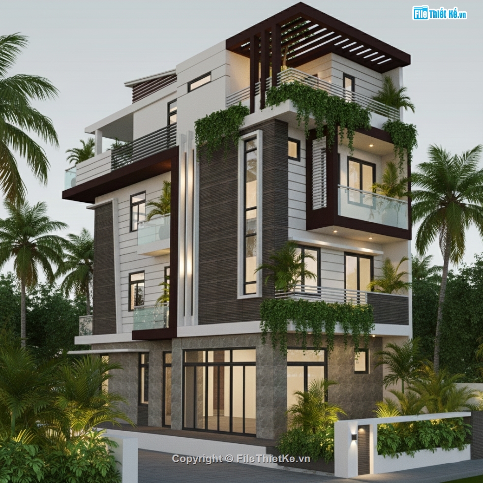 Sketchup,nhà 3 mặt tiền,nhà phố 2 mặt tiền,nhà 4 tầng