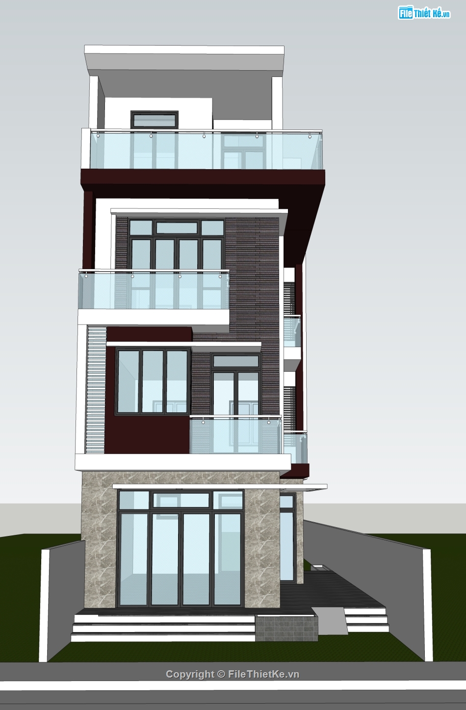 Sketchup,nhà 3 mặt tiền,nhà phố 2 mặt tiền,nhà 4 tầng
