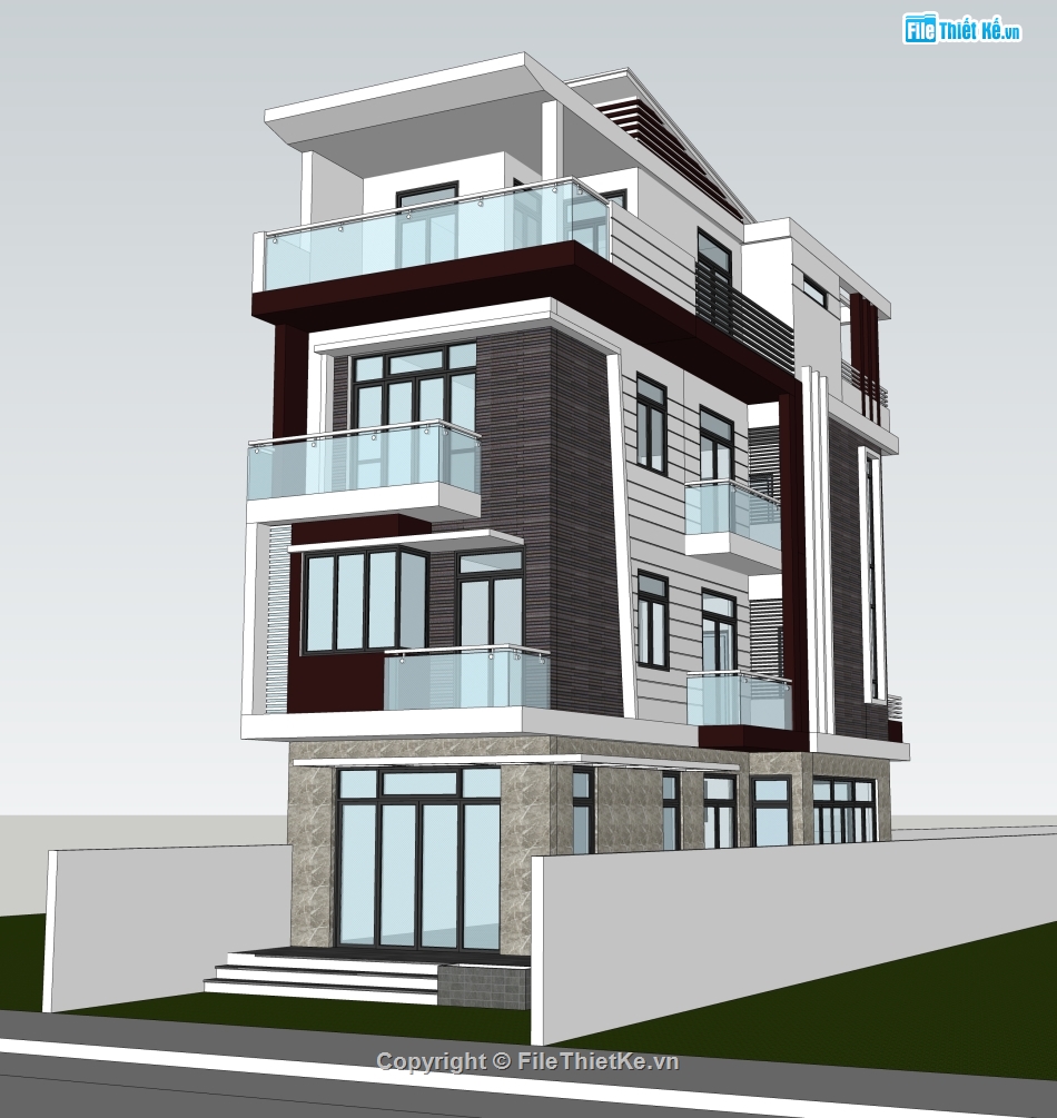 Sketchup,nhà 3 mặt tiền,nhà phố 2 mặt tiền,nhà 4 tầng