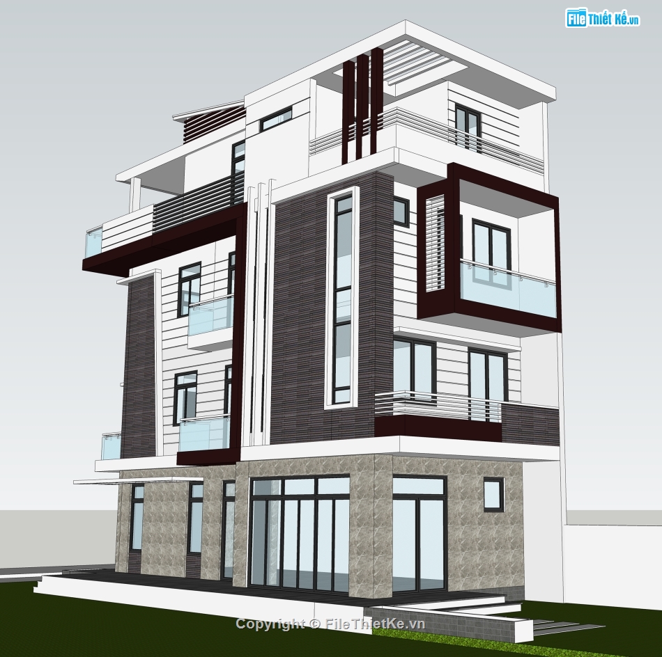 Sketchup,nhà 3 mặt tiền,nhà phố 2 mặt tiền,nhà 4 tầng