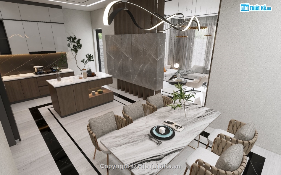 3D Living room,sketchup nội thất,file sketchup phòng khách,file sketchup bàn ăn,sketchup phòng bếp