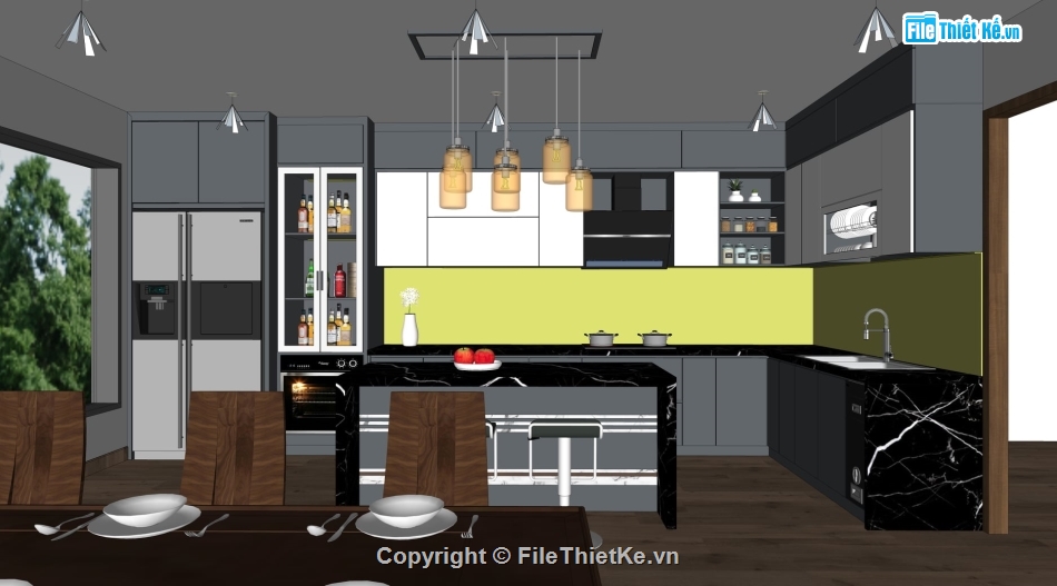 sketchup nội thất khách bếp,File sketchup nội thất,nội thất phòng khách,File sketchup phòng khách hiện đại,phòng bếp model su,Model su khách bếp