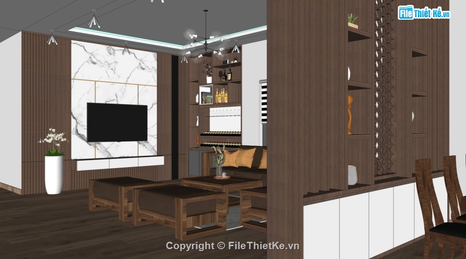 sketchup nội thất khách bếp,File sketchup nội thất,nội thất phòng khách,File sketchup phòng khách hiện đại,phòng bếp model su,Model su khách bếp