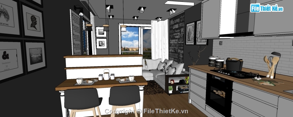 sketchup nội thất căn hộ,File sketchup căn hộ chung cư,nội thất khách bếp chung cư,file sketchup khách bếp,dựng model su nội thất chung cư