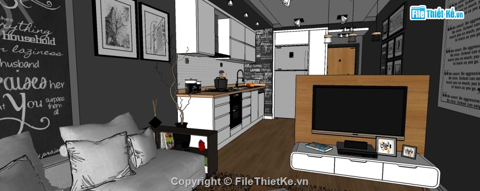 sketchup nội thất căn hộ,File sketchup căn hộ chung cư,nội thất khách bếp chung cư,file sketchup khách bếp,dựng model su nội thất chung cư