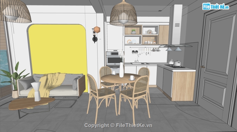 sketchup nội thất nhà phố,sketchup nội thất khách bếp,file sketchup nội thất nhà bếp,mẫu nội thất phòng khách đẹp