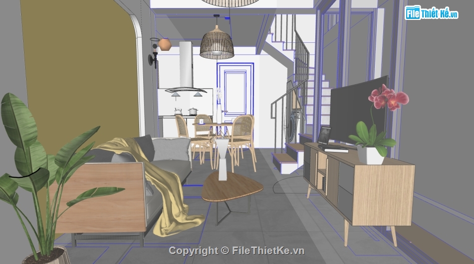 sketchup nội thất nhà phố,sketchup nội thất khách bếp,file sketchup nội thất nhà bếp,mẫu nội thất phòng khách đẹp