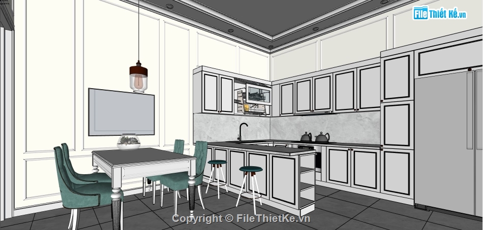 nội thất nhà phố su,nội thất khách bếp sketchup,su khách bếp