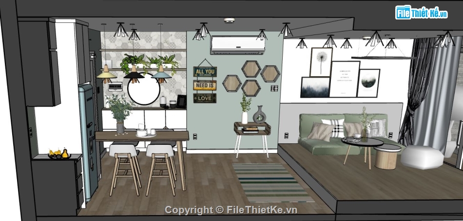 nội thất phòng khách bếp sketchup,nội thất phòng khách sketchup,nội thất phòng bếp sketchup